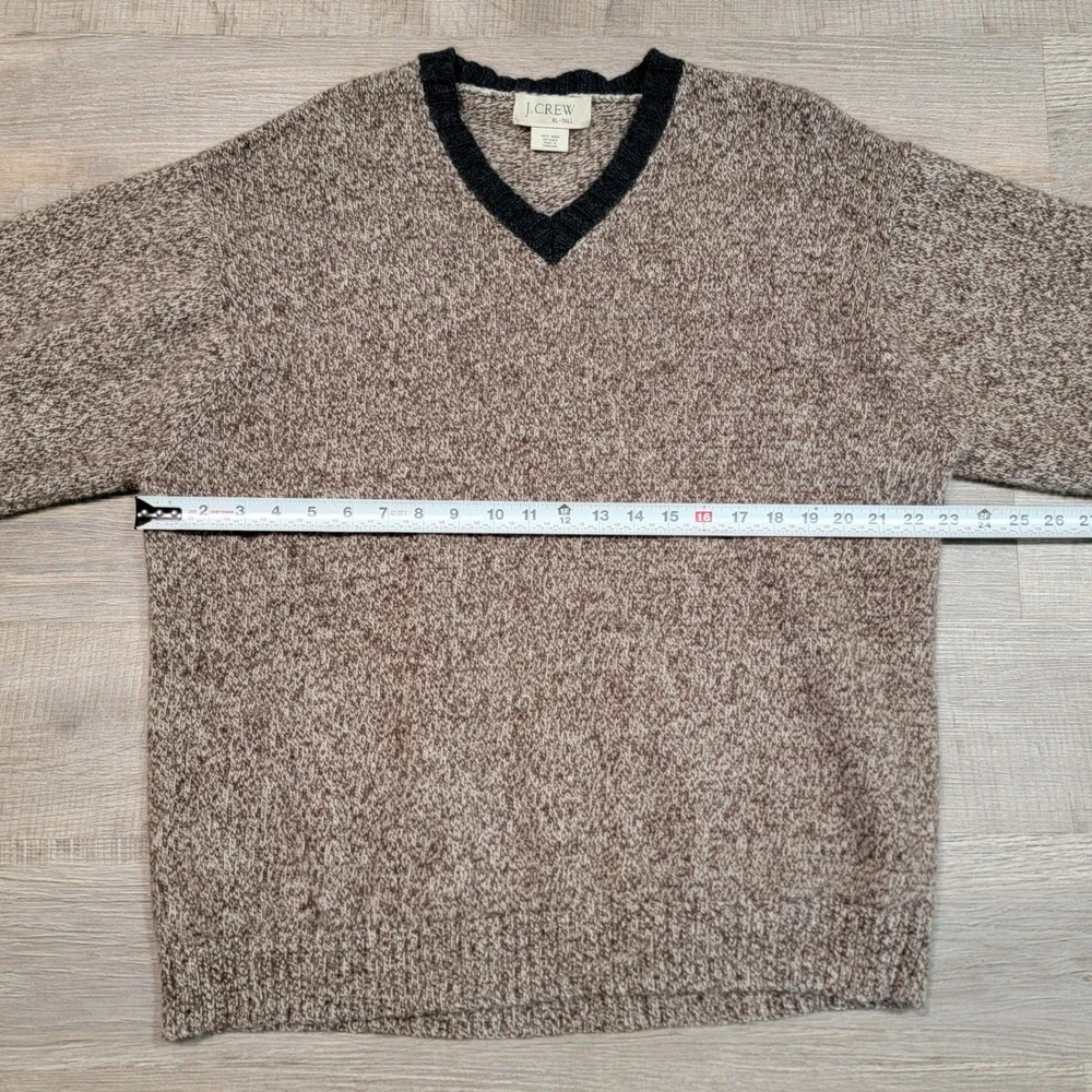 J Crew Mens XL Tall Shetland Wool V-Neck Sweater Brown Pullover Varsity Stripe